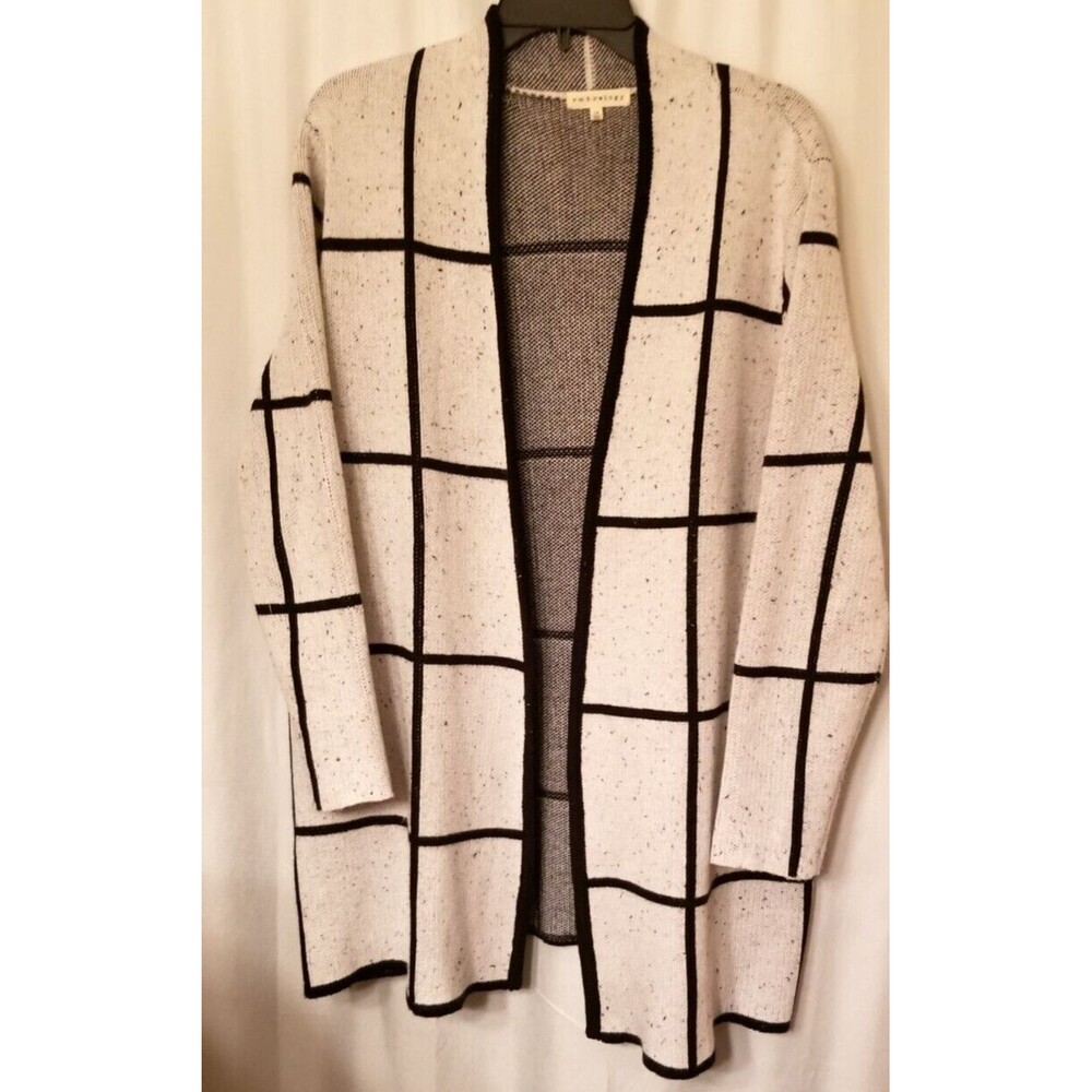 Women's Knit Cardigan Gray & Black Window Pane Design Open Front Plus Size 1X